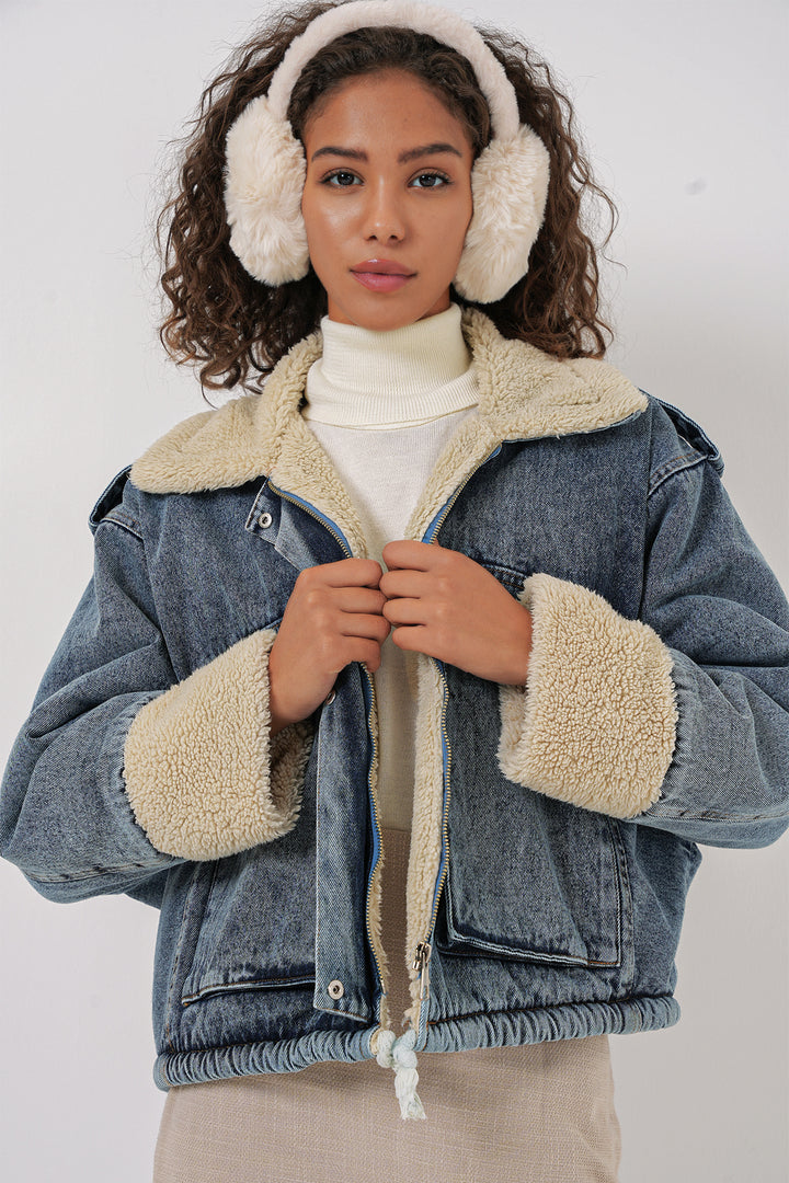 BGD Women Fur-Lined Denim Jacket - Blue - Johns Creek