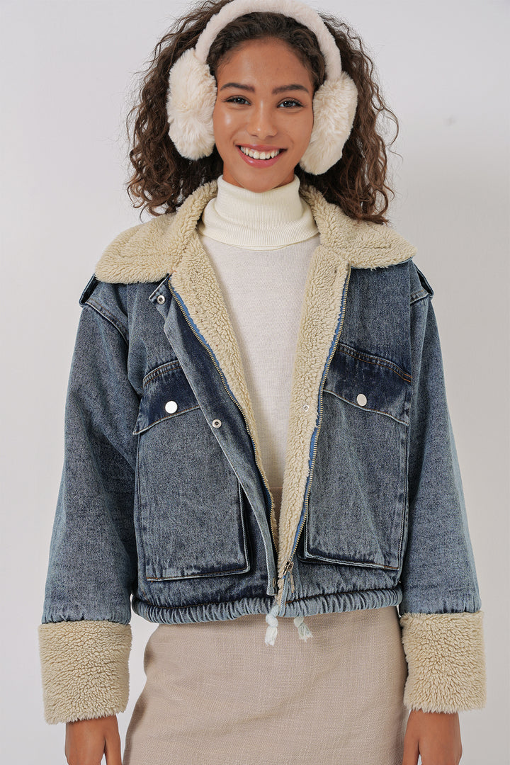 BGD Women Fur-Lined Denim Jacket - Blue - Johns Creek