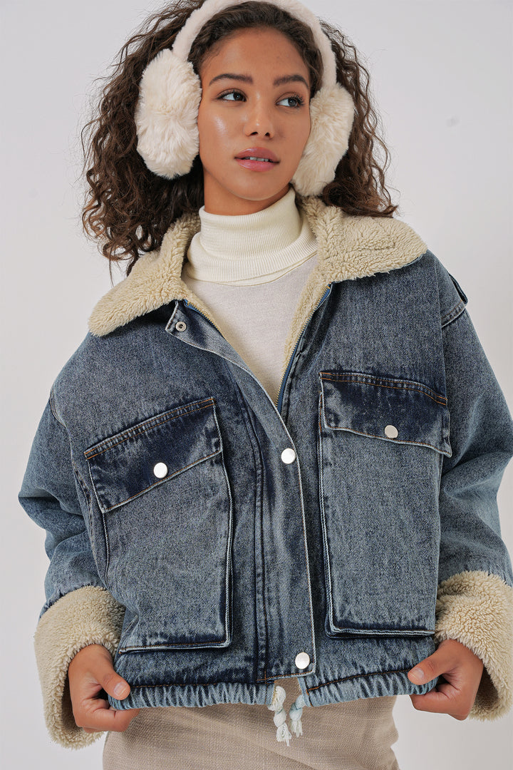 BGD Women Fur-Lined Denim Jacket - Blue - Johns Creek