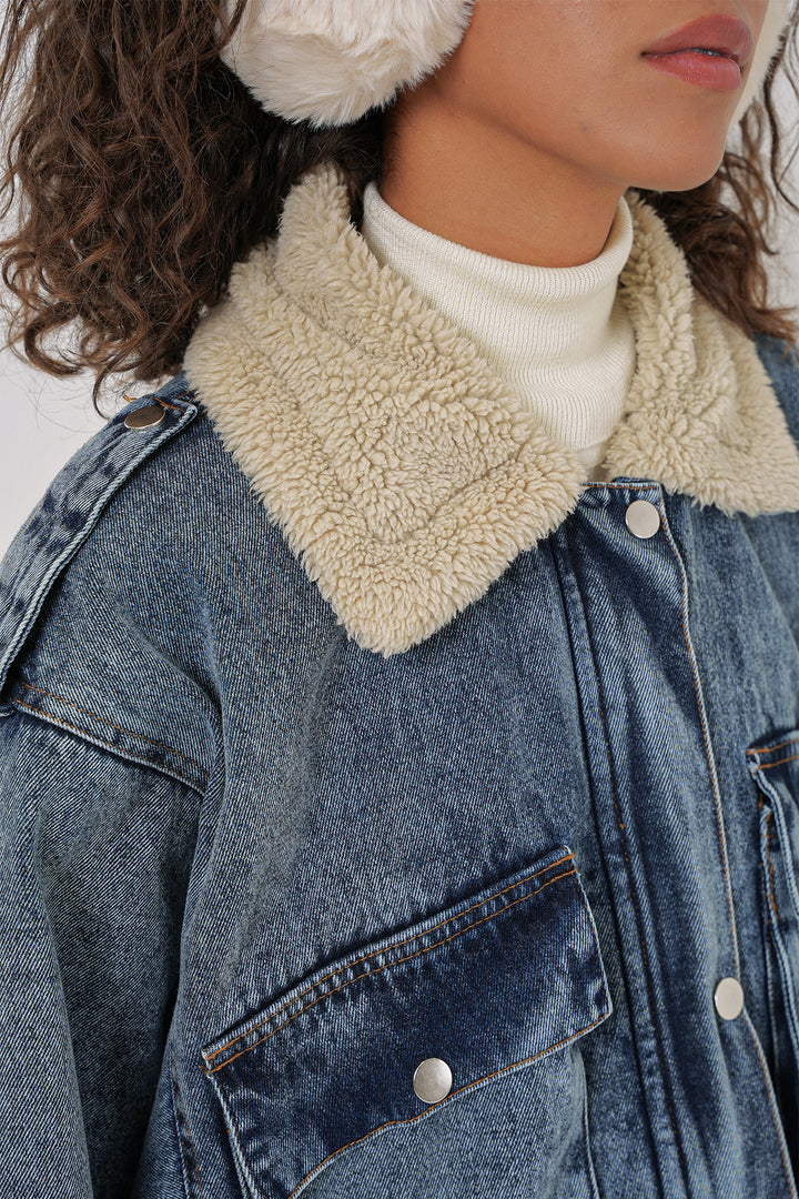 BGD Women Fur-Lined Denim Jacket - Blue - Johns Creek