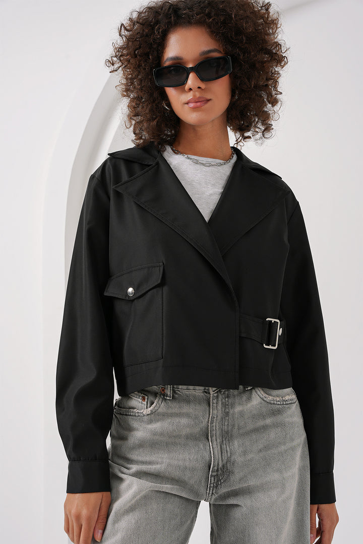 BGD Women Double Breasted Short Trench Coat - Black - Charlotte