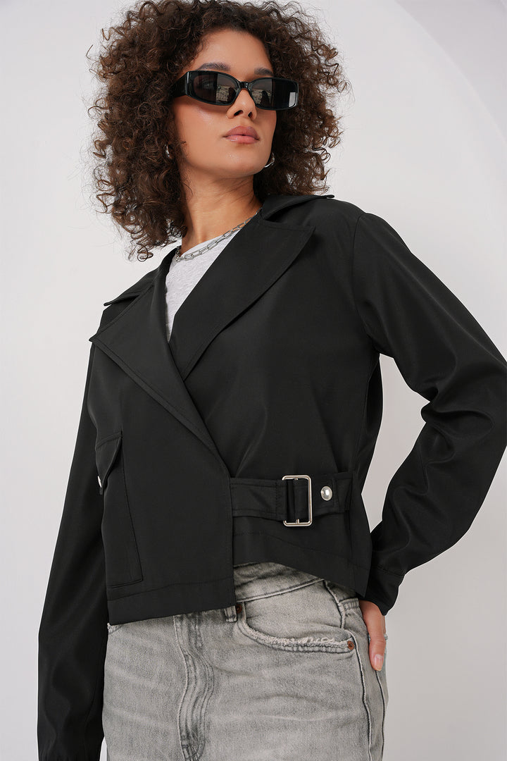 BGD Women Double Breasted Short Trench Coat - Black - Maple Grove