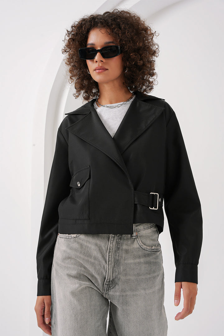 BGD Women Double Breasted Short Trench Coat - Black - Maple Grove