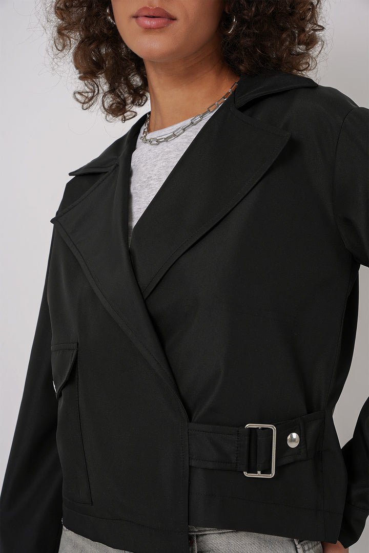 BGD Women Double Breasted Short Trench Coat - Black - Maple Grove