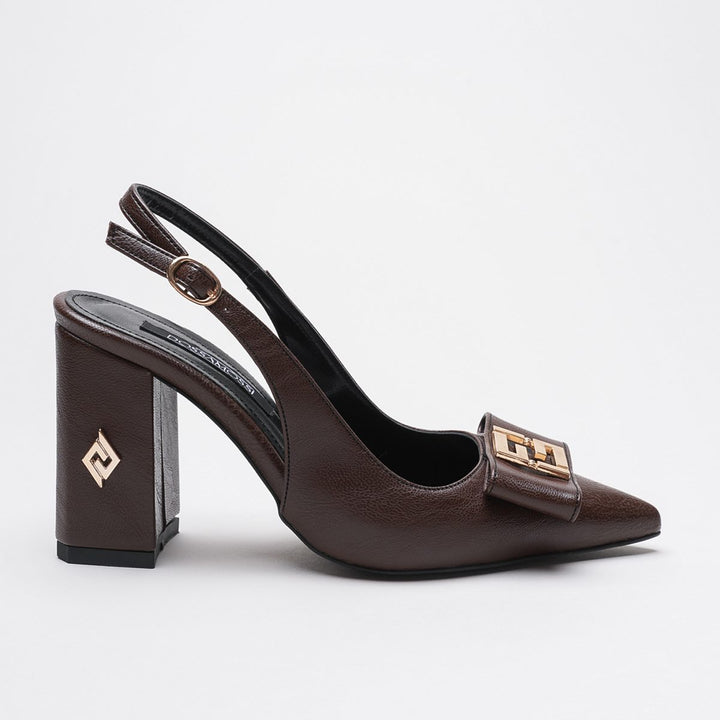 DSM Stevin Coffee Skin Gold Buckle Detailed Thick Heel Women's Shoe - Roseville