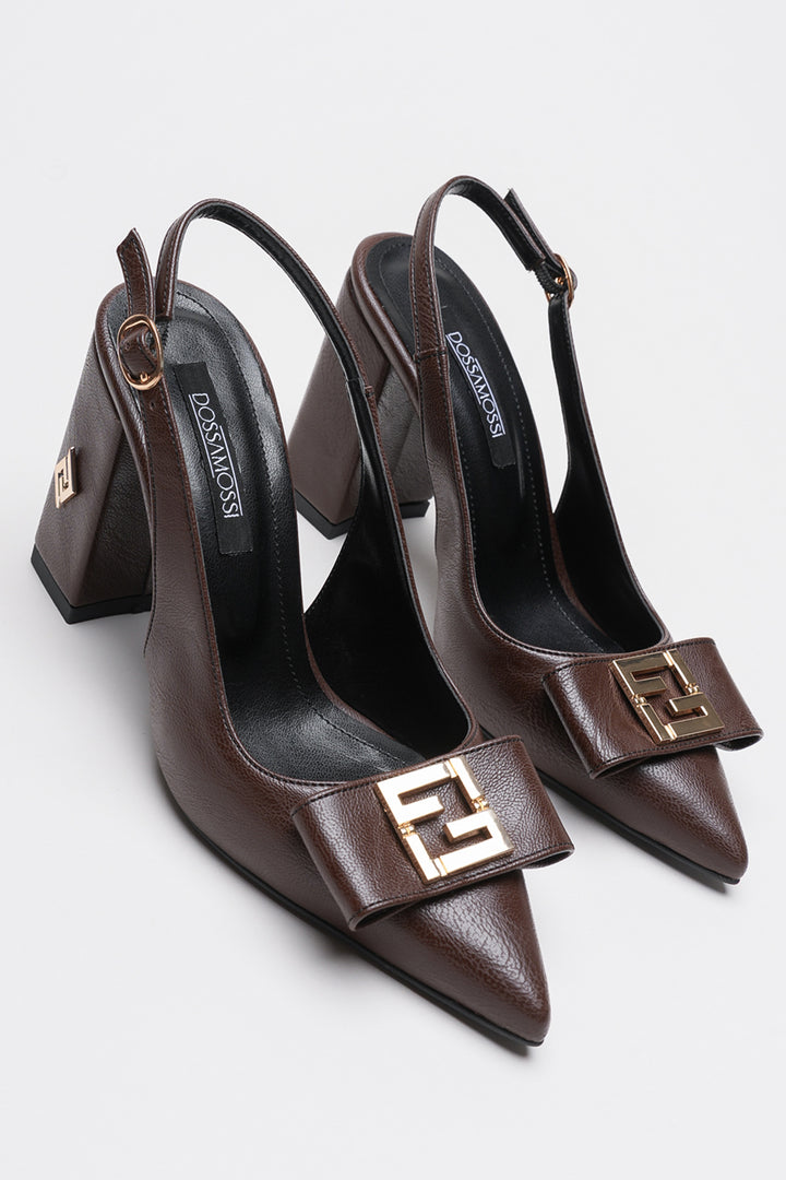 DSM Stevin Coffee Skin Gold Buckle Detailed Thick Heel Women's Shoe - Roseville