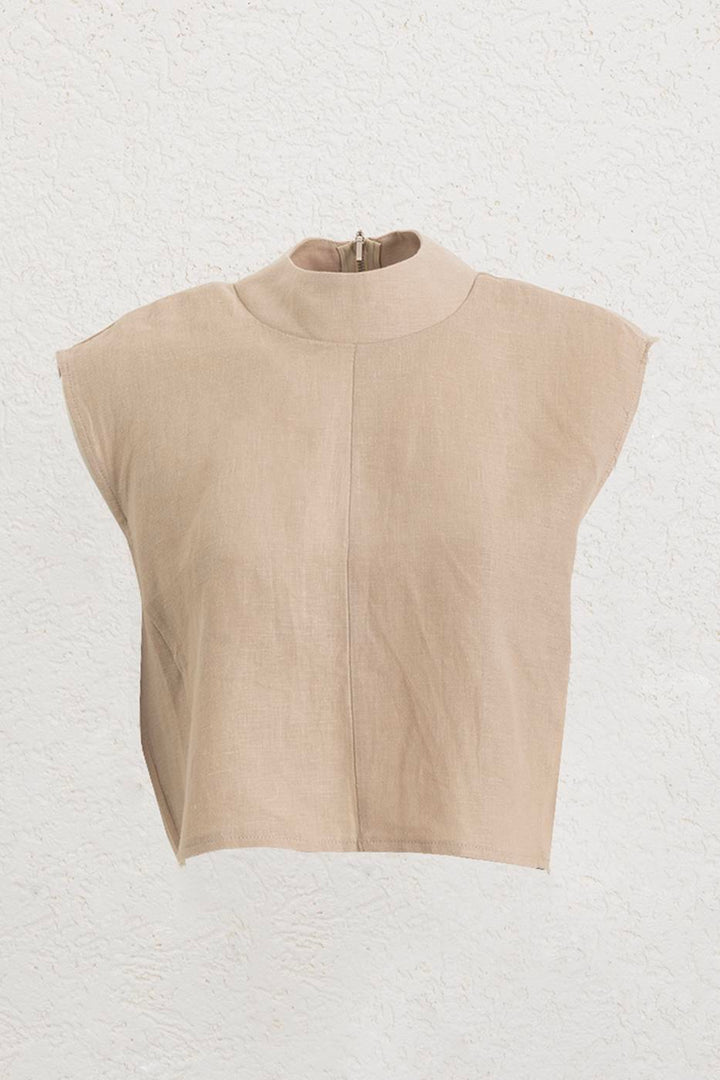BSL Women 100% Linen Stand-Up Collar Blouse - Paisley