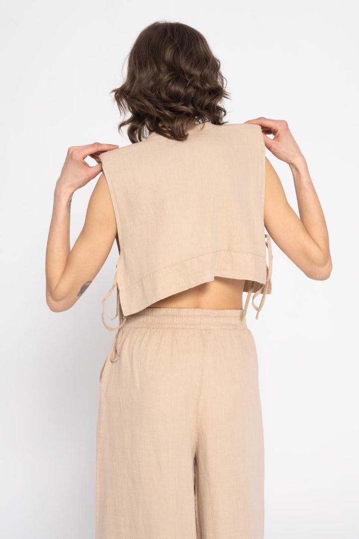 BSL Women 100% Linen Side Tie Crop Blouse - Mount Prospect