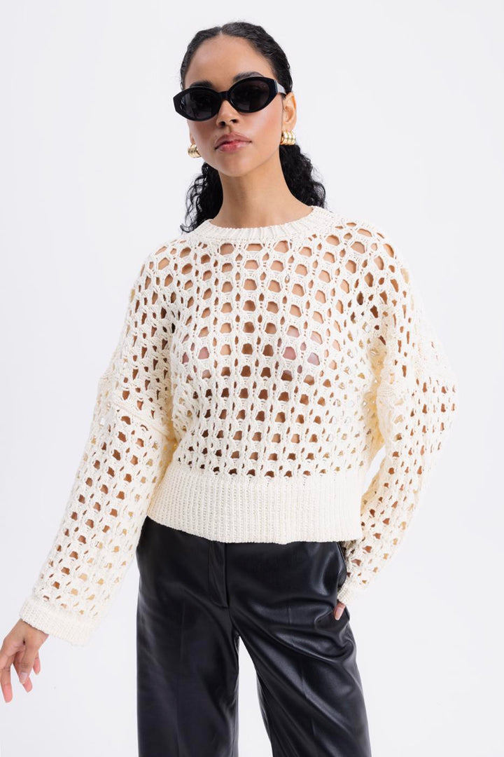 BSL Women 100% Cotton Openwork Patterned Sweater - Las Palmas