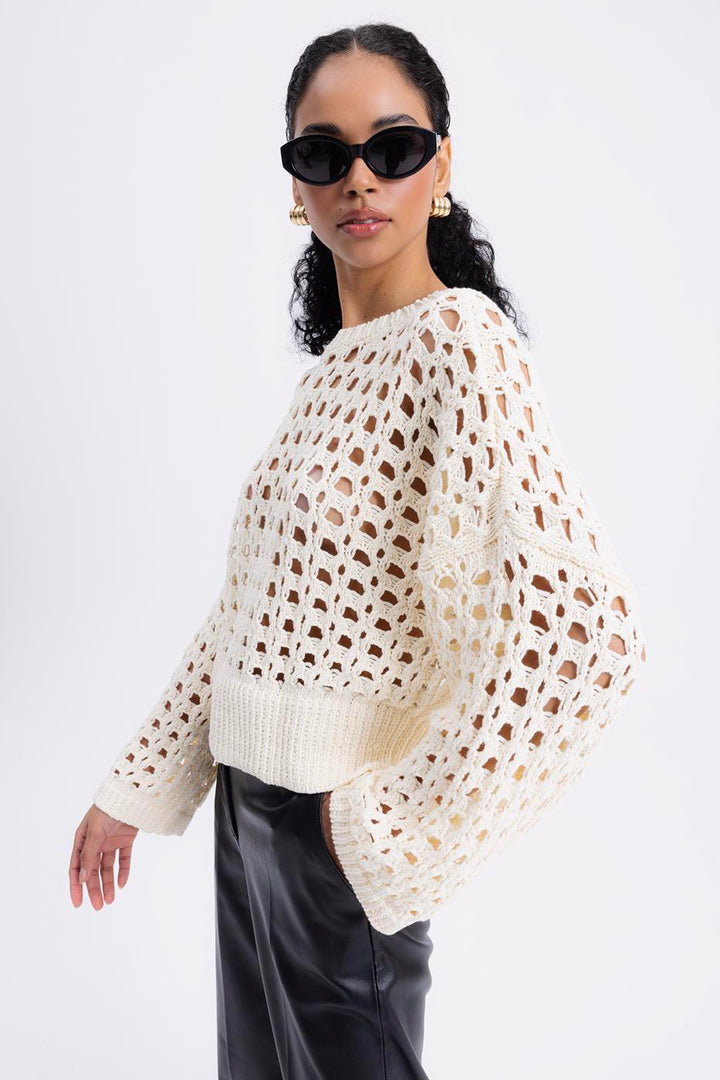BSL Women 100% Cotton Openwork Patterned Sweater - Las Palmas