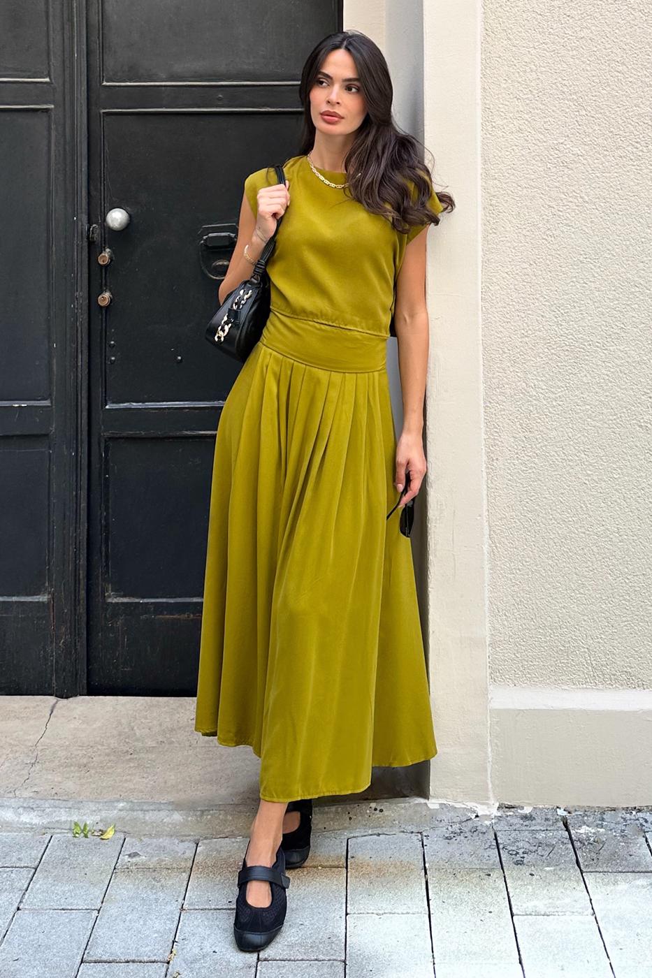 BSL Women 100% Tencel Pleated Detailed Midi Skirt - Leigh