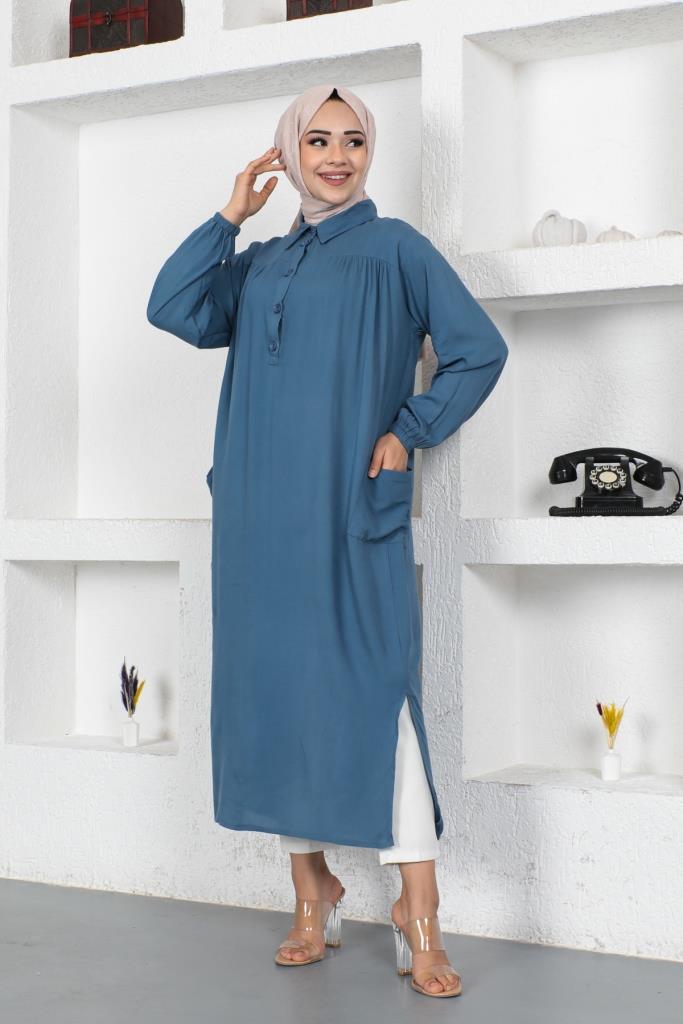BNG Women Side Slit Tunic with Pockets Full Length Blue - Clermont