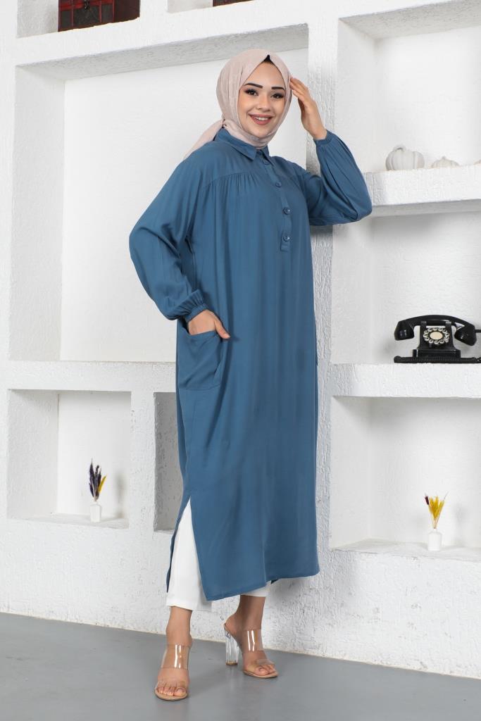 BNG Women Side Slit Tunic with Pockets Full Length Blue - Clermont