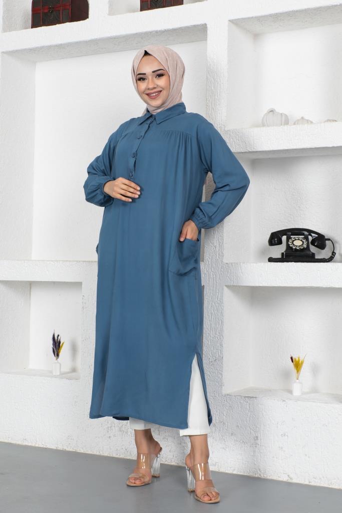 BNG Women Side Slit Tunic with Pockets Full Length Blue - Clermont