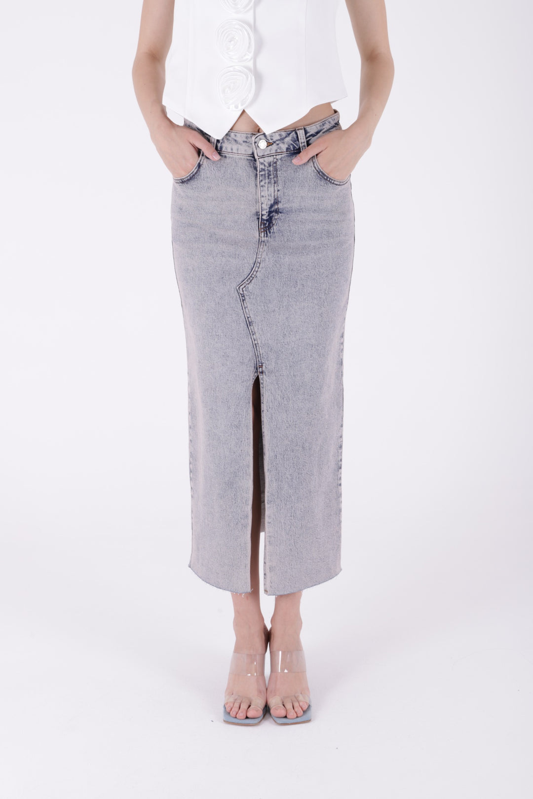 XLJ Fringe Finish Denim Medium Skirt with Front Slit Mixed - Santa María Huatulco