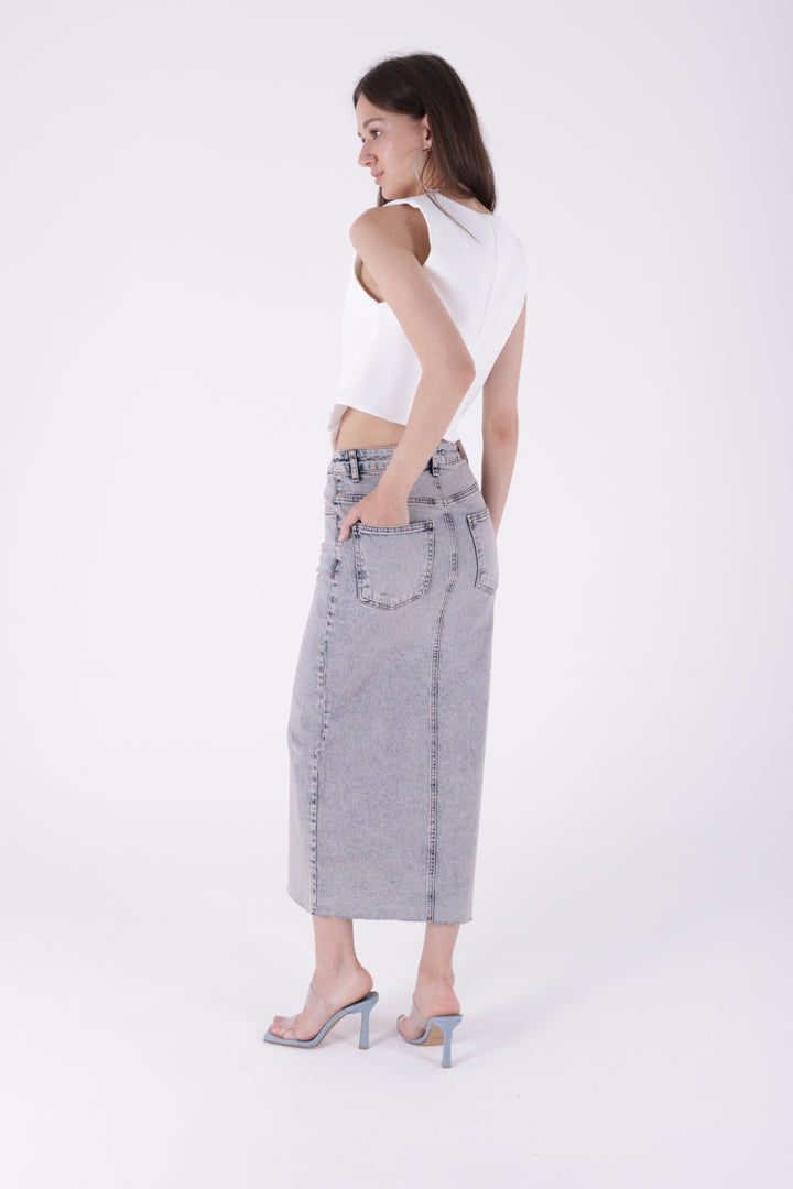 XLJ Fringe Finish Denim Medium Skirt with Front Slit Mixed - Santa María Huatulco