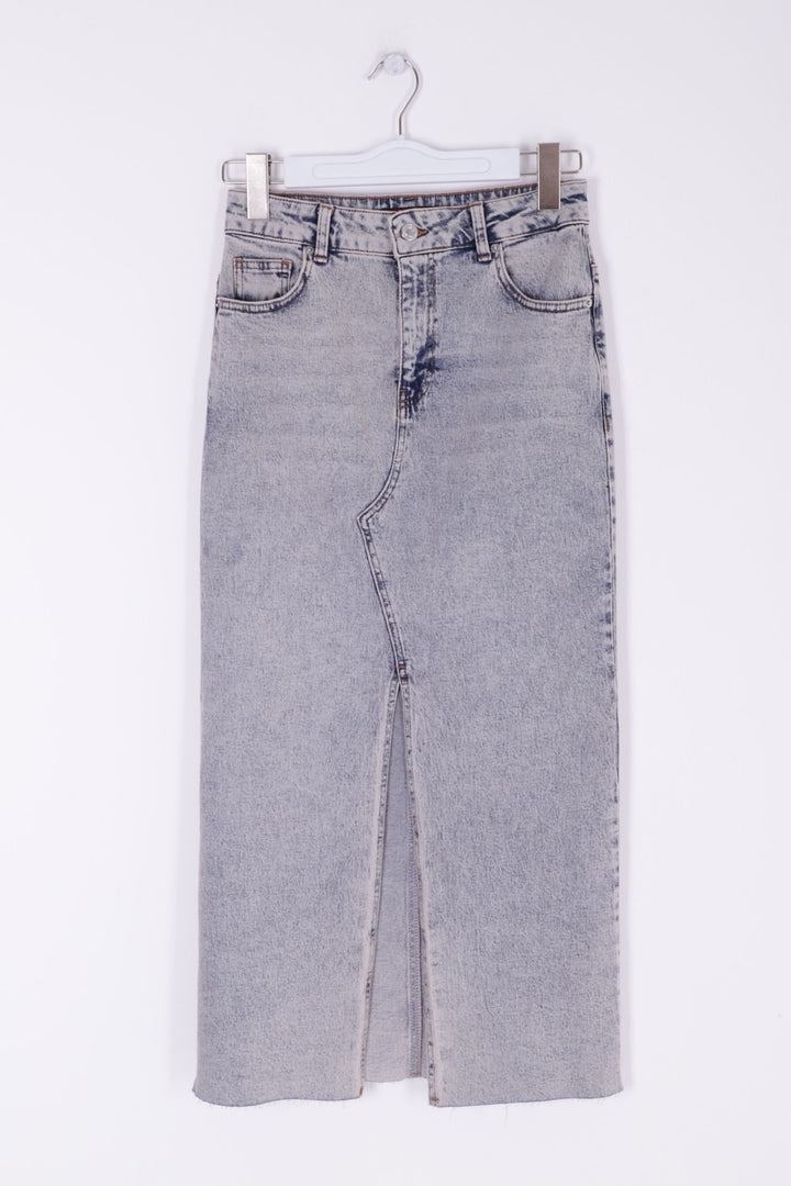 XLJ Fringe Finish Denim Medium Skirt with Front Slit Mixed - Santa María Huatulco