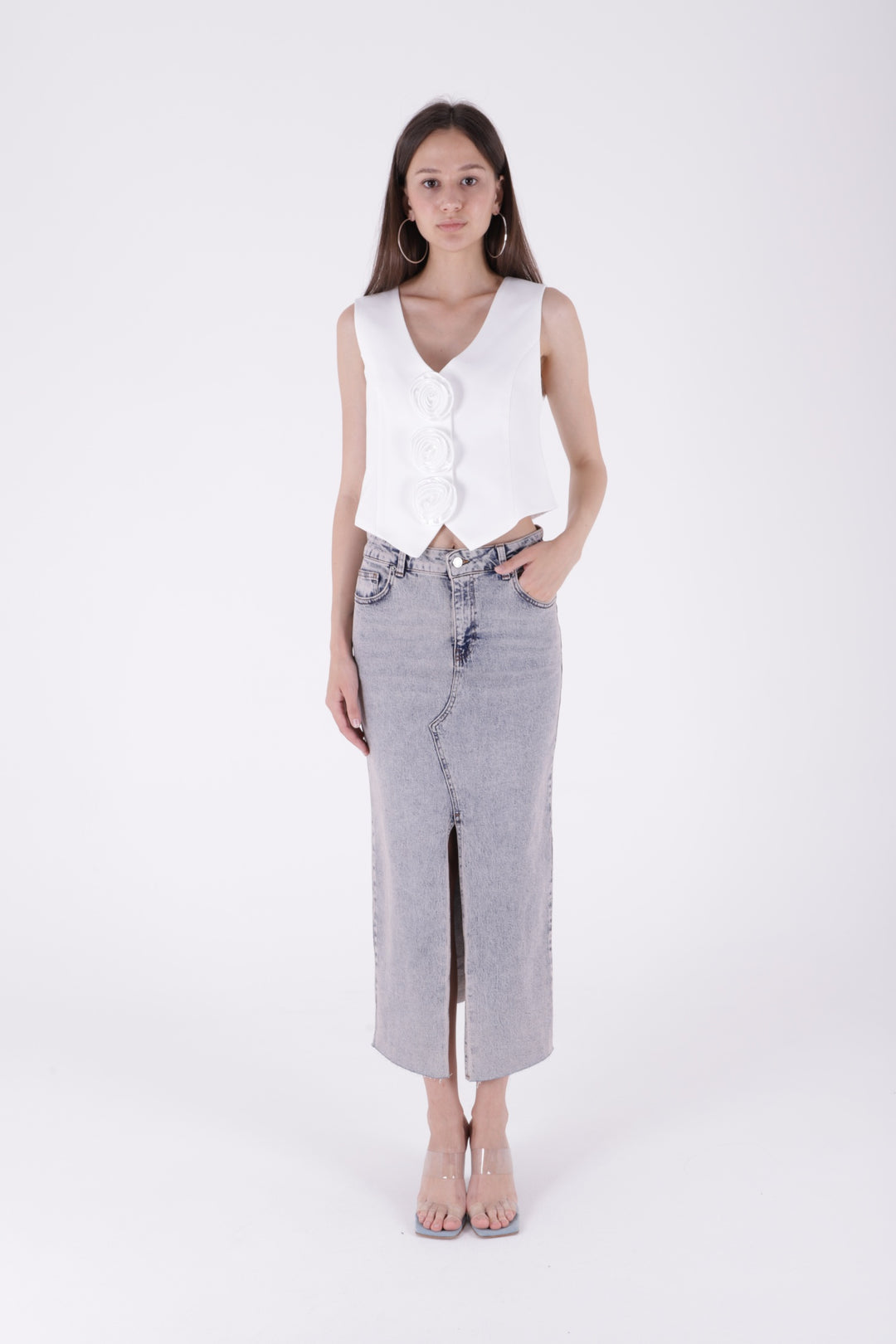 XLJ Fringe Finish Denim Medium Skirt with Front Slit Mixed - Santa María Huatulco