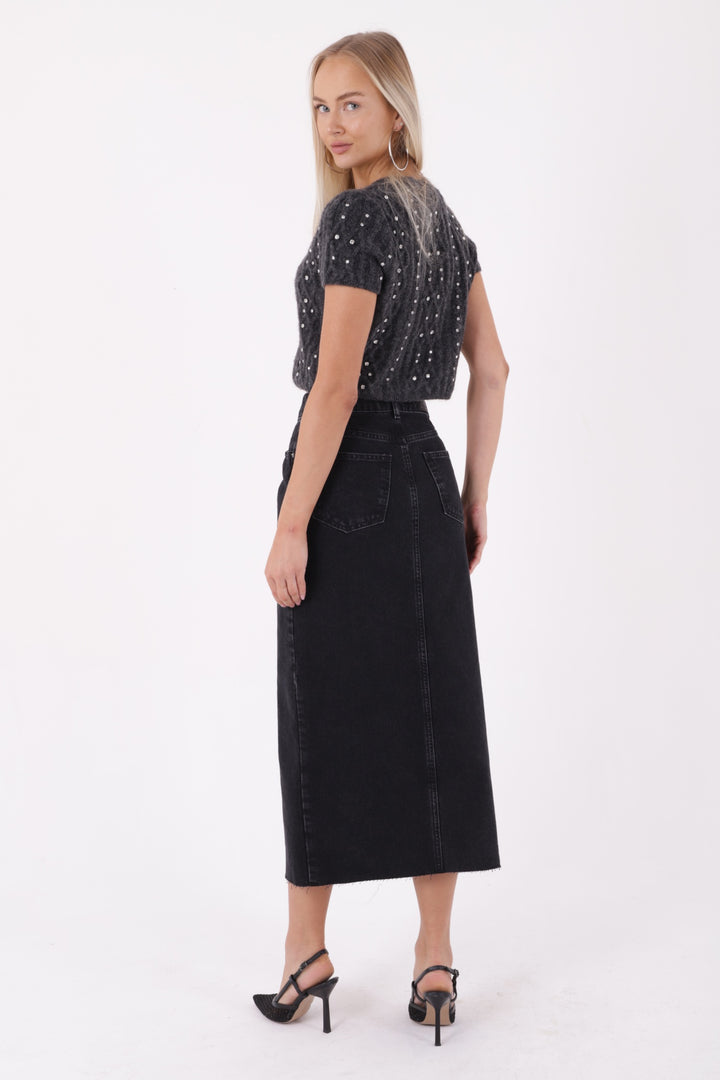 XLJ Fringe Finish Denim Medium Skirt with Front Slit Mixed - Bielefeld