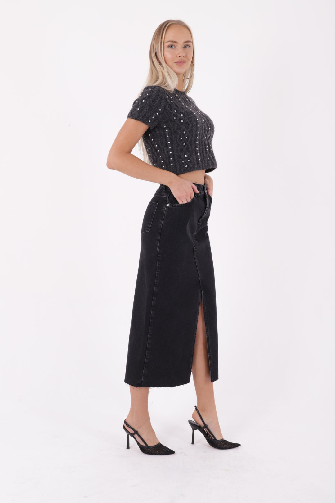 XLJ Fringe Finish Denim Medium Skirt with Front Slit Mixed - Bielefeld