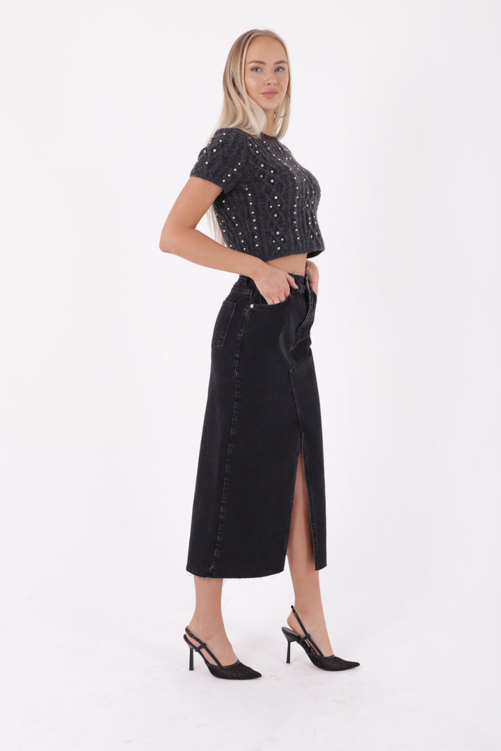 XLJ Fringe Finish Denim Medium Skirt with Front Slit Mixed - Bielefeld