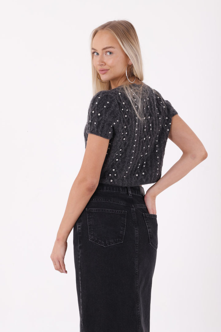 XLJ Fringe Finish Denim Medium Skirt with Front Slit Mixed - Bielefeld