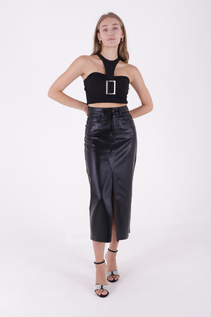 XLJ Fringe Finish Denim Medium Skirt with Front Slit Mixed - Atlanta