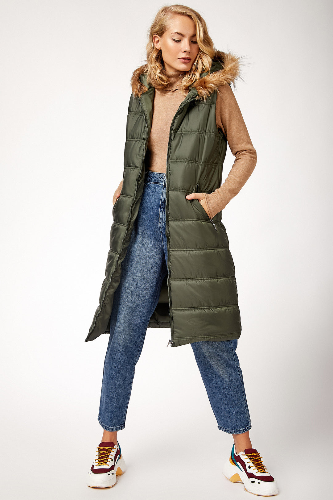 BGD Women Hooded Fur-Lined Puffer Vest - Khaki - Avondale