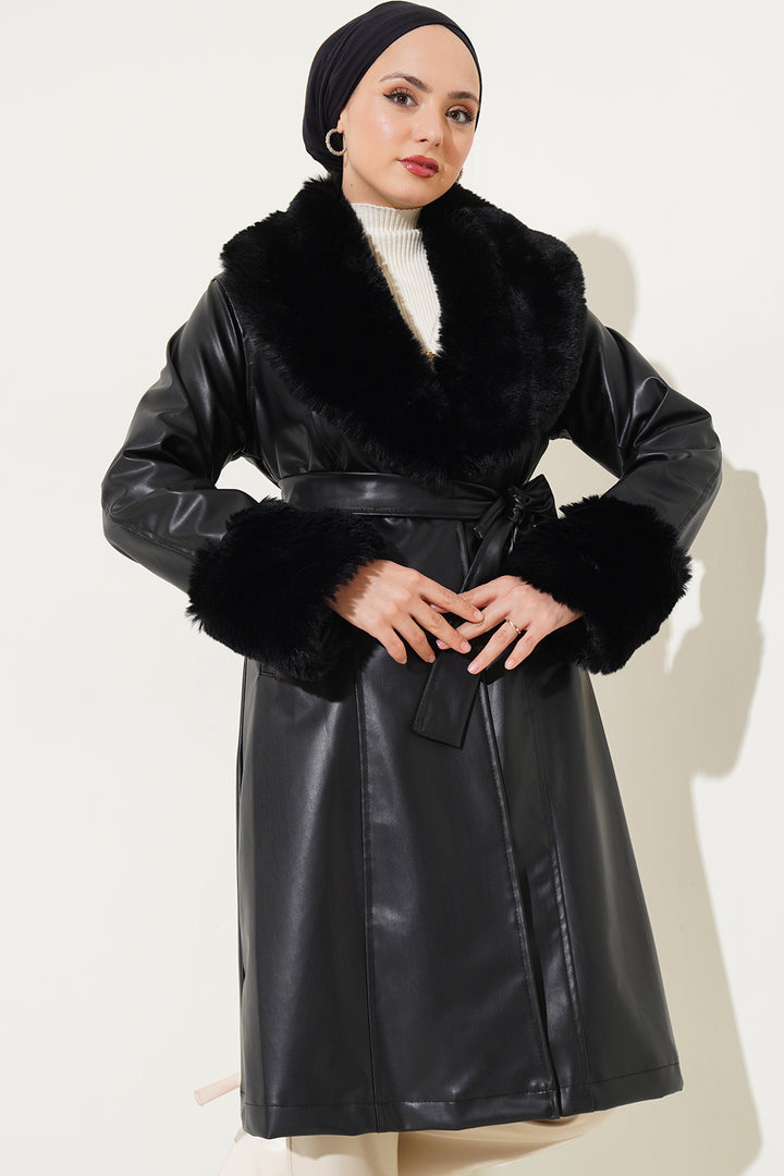 BGD Women Faux Leather Jacket with Fur Collar and Belt - Des Moines