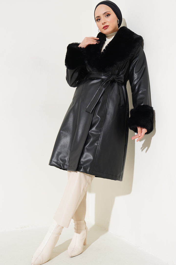 BGD Women Faux Leather Jacket with Fur Collar and Belt - Des Moines