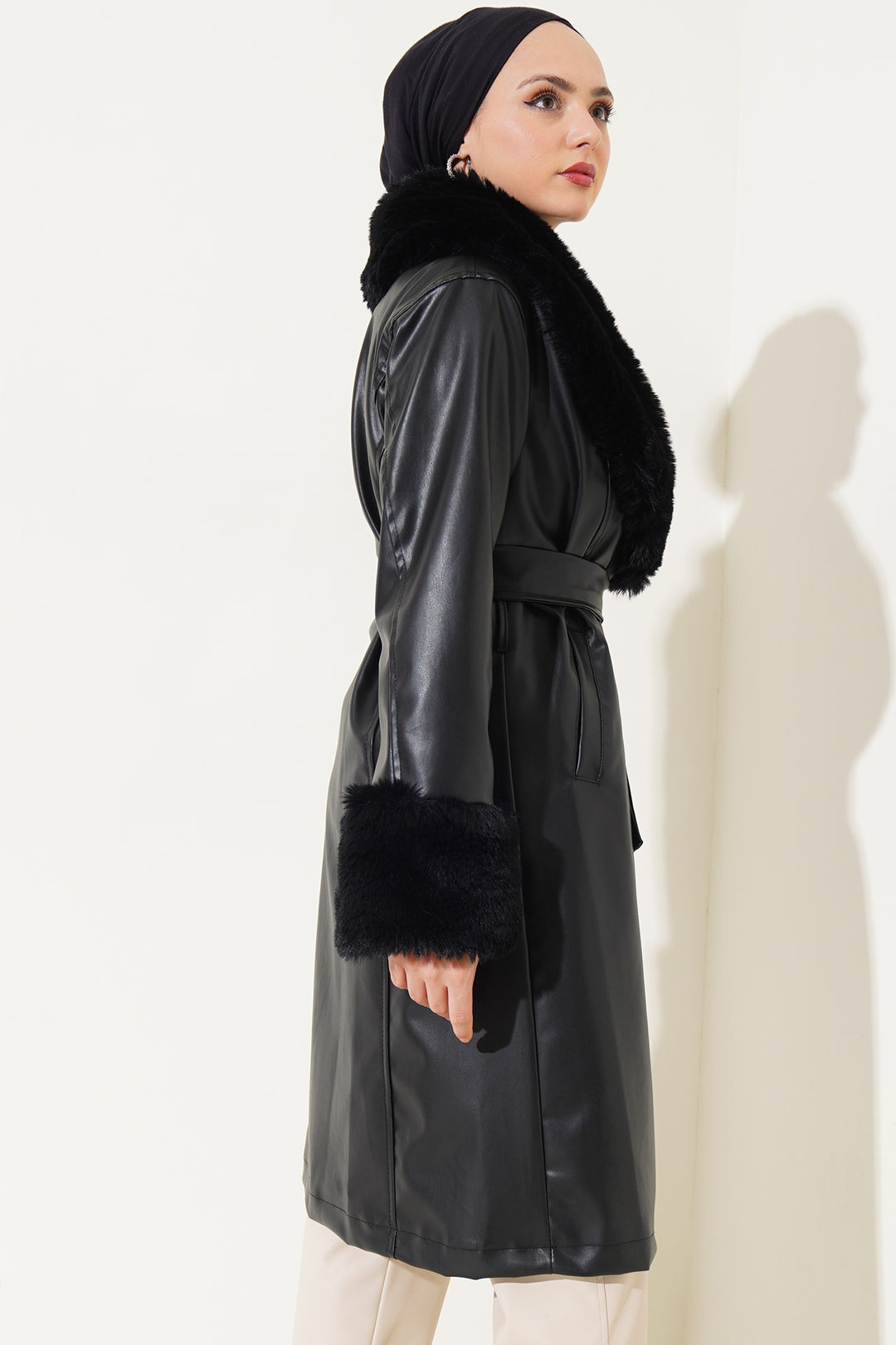 BGD Women Faux Leather Jacket with Fur Collar and Belt - Des Moines
