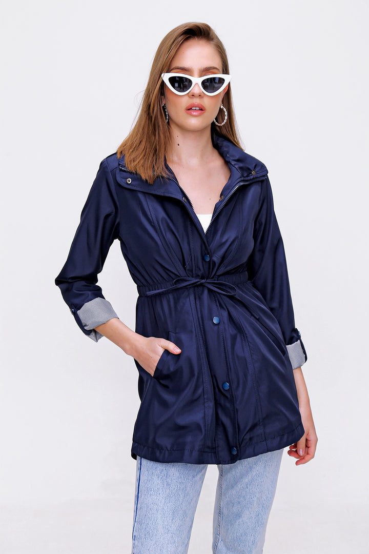 BGD Women Waist Pleated Trench Coat - Navy - Taunton
