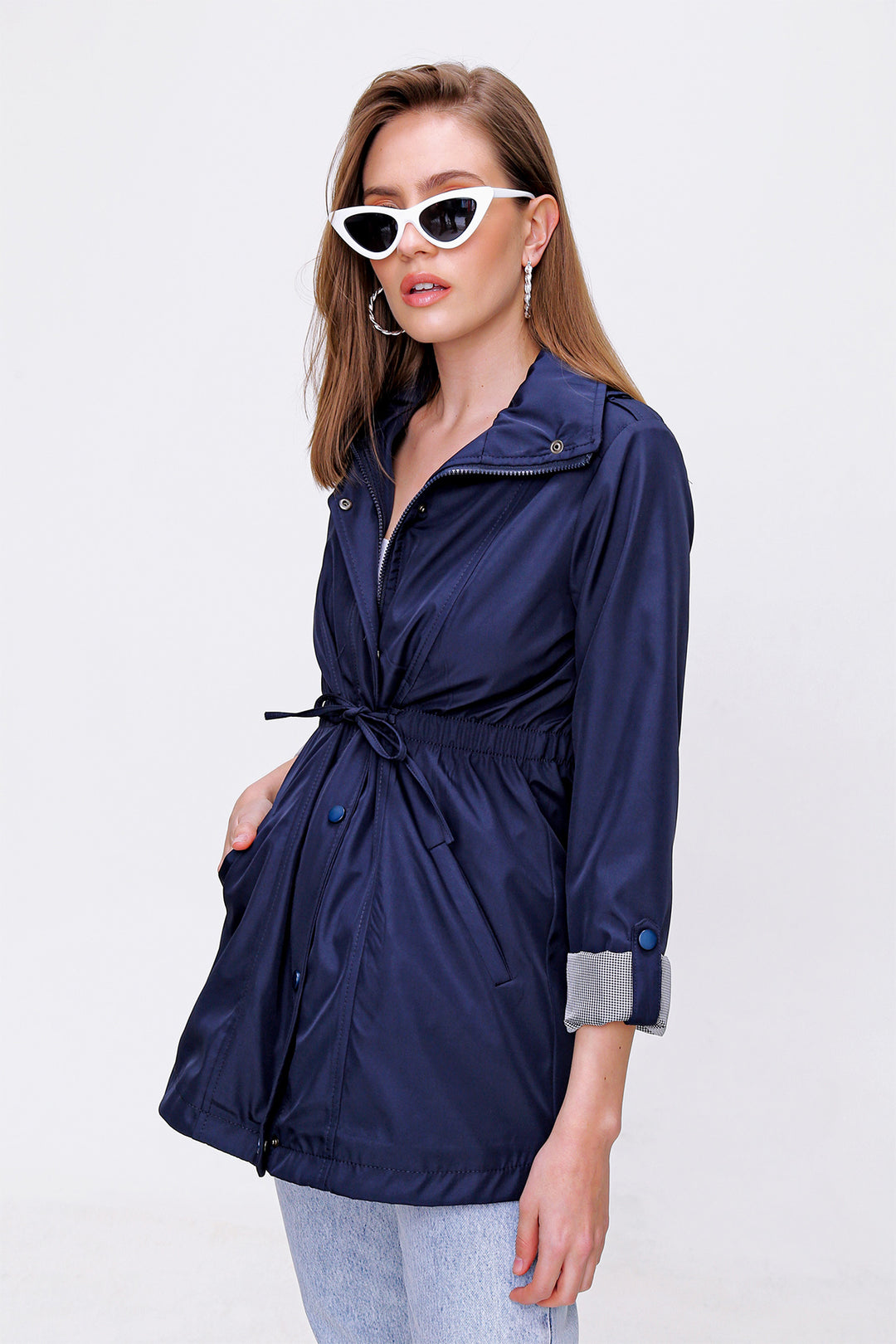 BGD Women Waist Pleated Trench Coat - Navy - Taunton