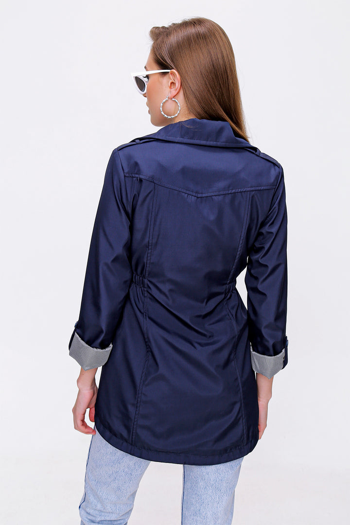 BGD Women Waist Pleated Trench Coat - Navy - Taunton