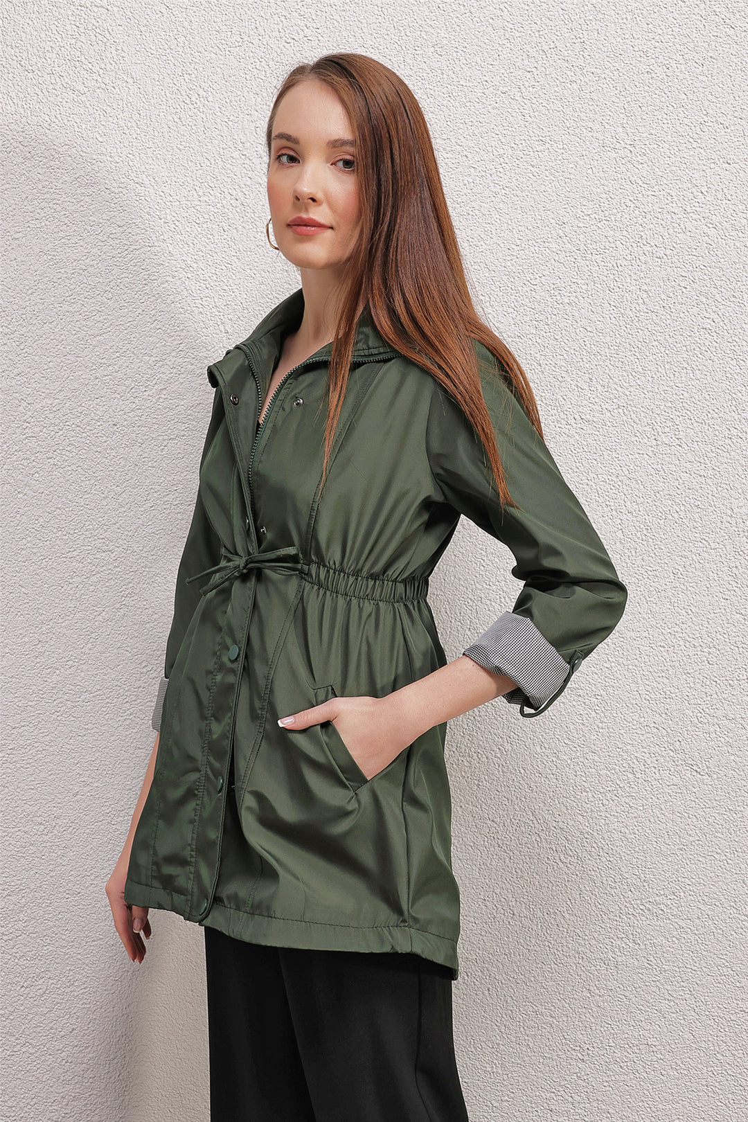 BGD Women Waist Pleated Trench Coat - Emerald Green - South Lyon