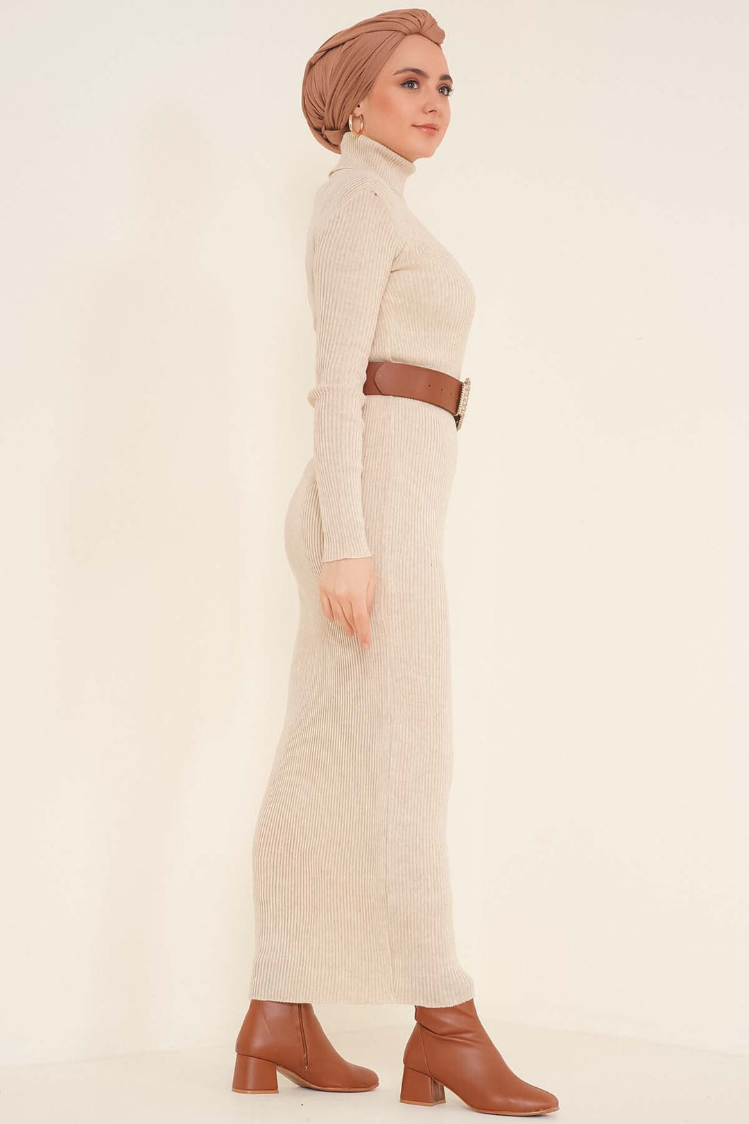 BNG Women Beige Ribbed Long Sweater Dress - Clermont