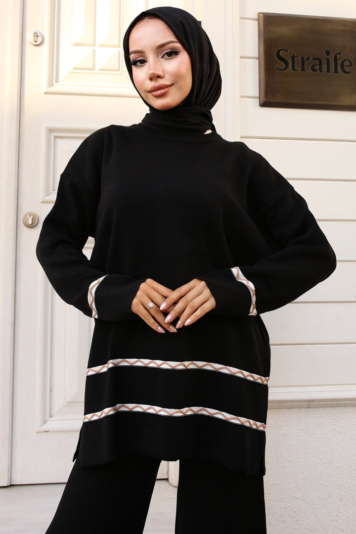 BNG بدلة نسائية متماسكة مع تفاصيل غرزة أسود - كليرمون