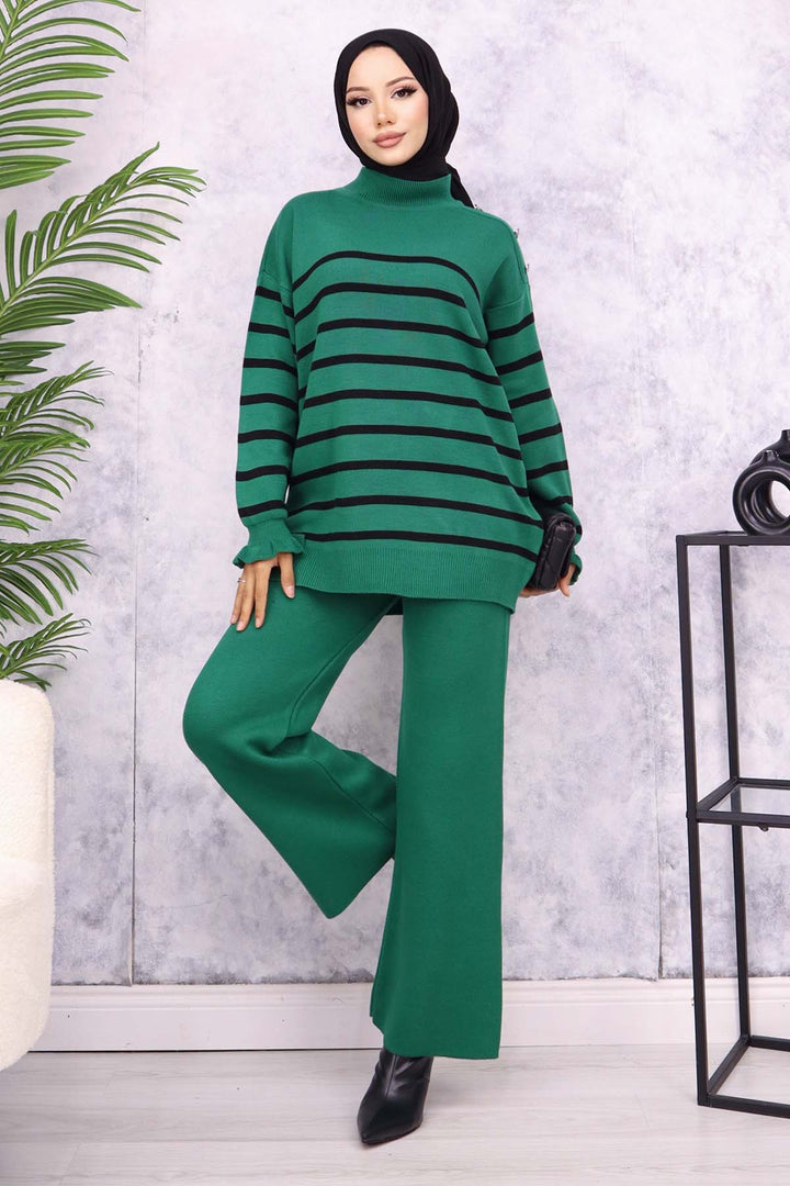 BNG Women Striped Knit Suit with Buttoned Shoulder Emerald Green - Herne Bay