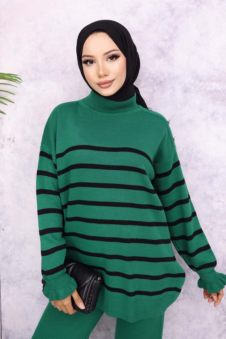 BNG Women Striped Knit Suit with Buttoned Shoulder Emerald Green - Herne Bay