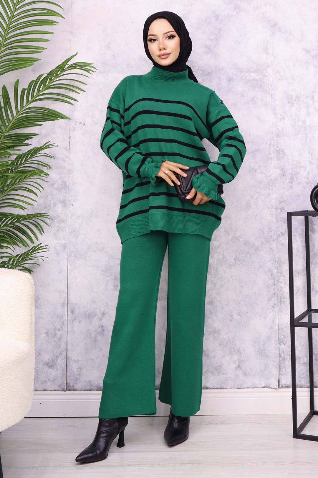 BNG Women Striped Knit Suit with Buttoned Shoulder Emerald Green - Herne Bay