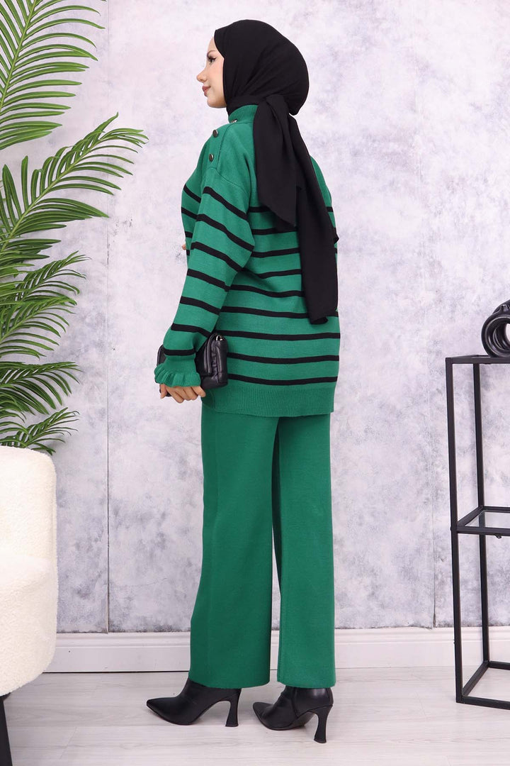 BNG Women Striped Knit Suit with Buttoned Shoulder Emerald Green - Herne Bay