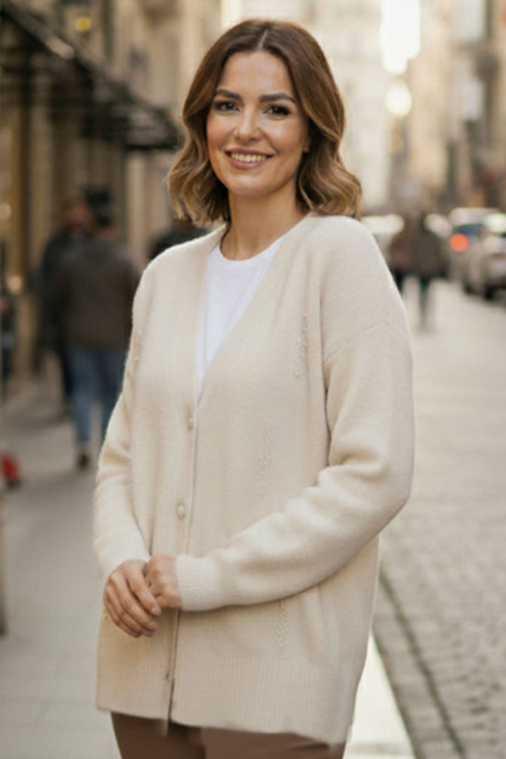 BNG Women İnci Detaylı Triko Hırka H25300 Krem - Marlboro