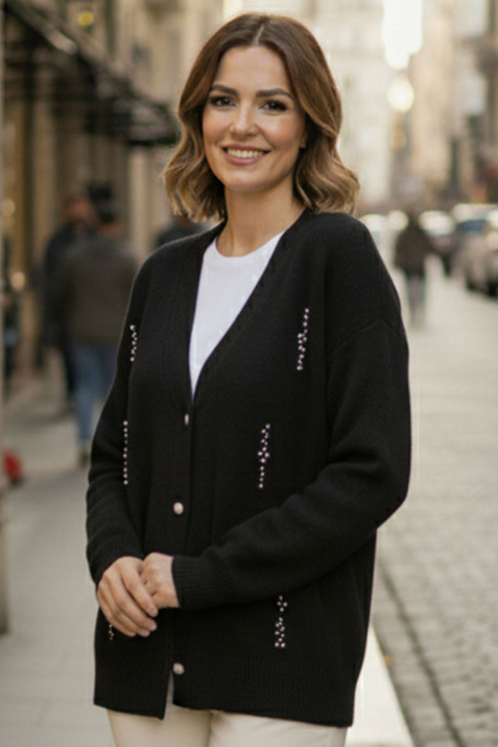 BNG Women Pearl Detailed Knit Cardigan H25300 Black - Missouri City