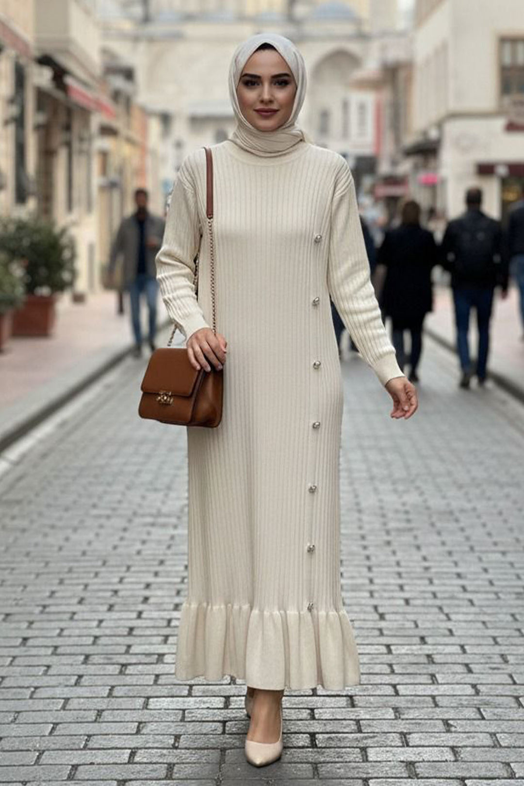 BNG Women Side Buttoned Frilly Dress H25309 Stone Color - Colombes