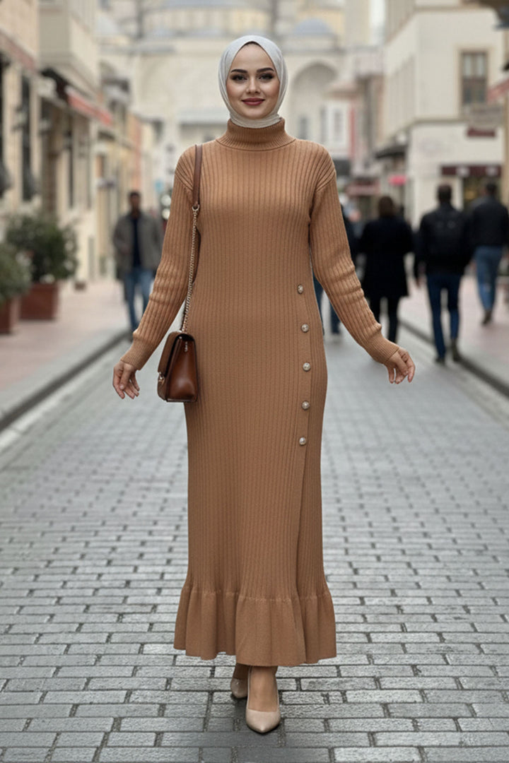 BNG Women Yan Düğmeli Fırfırlı Elbise H25309 Vizon - Coral Gables