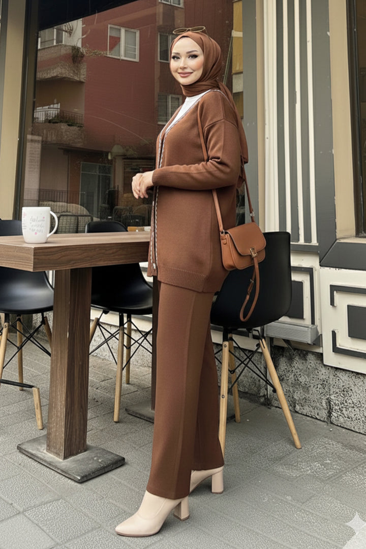 BNG Women Şerit Detaylı Triko Ceket Takım H25302 Kahverengi - Baia Mare