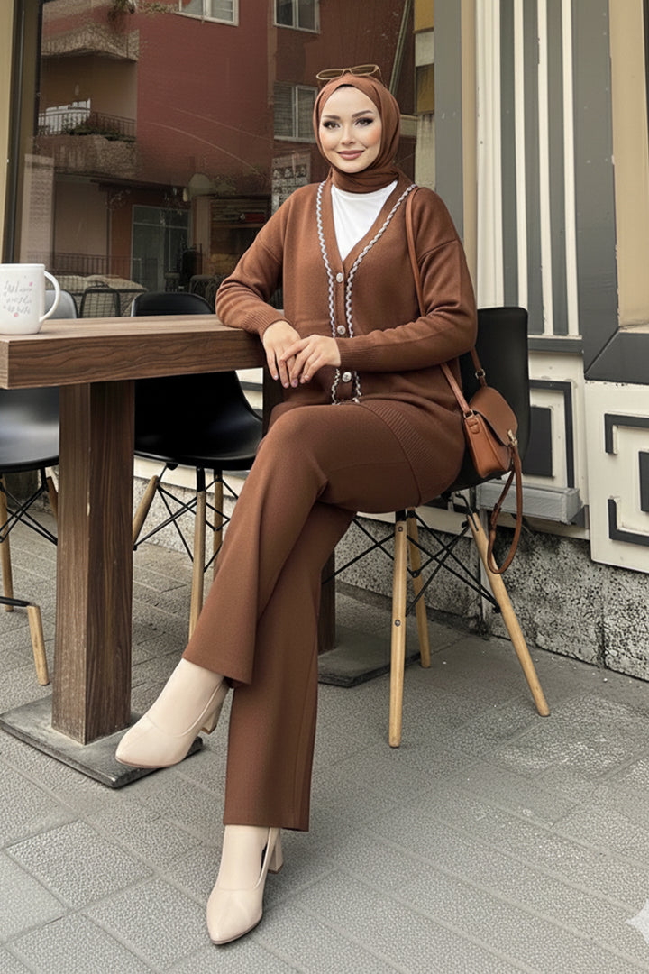 BNG Women Şerit Detaylı Triko Ceket Takım H25302 Kahverengi - Baia Mare