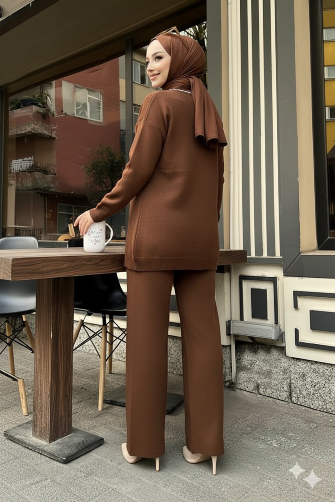 BNG Women Şerit Detaylı Triko Ceket Takım H25302 Kahverengi - Baia Mare