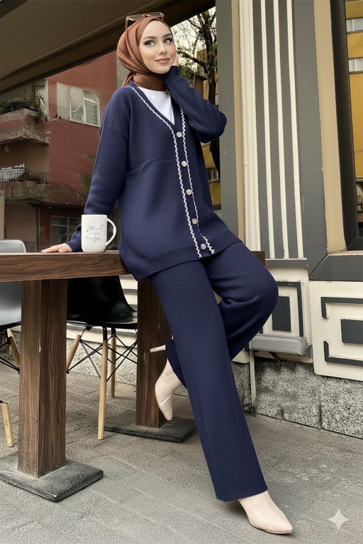 BNG Women Şerit Detaylı Triko Ceket Takım H25302 Lacivert - Gorinchem
