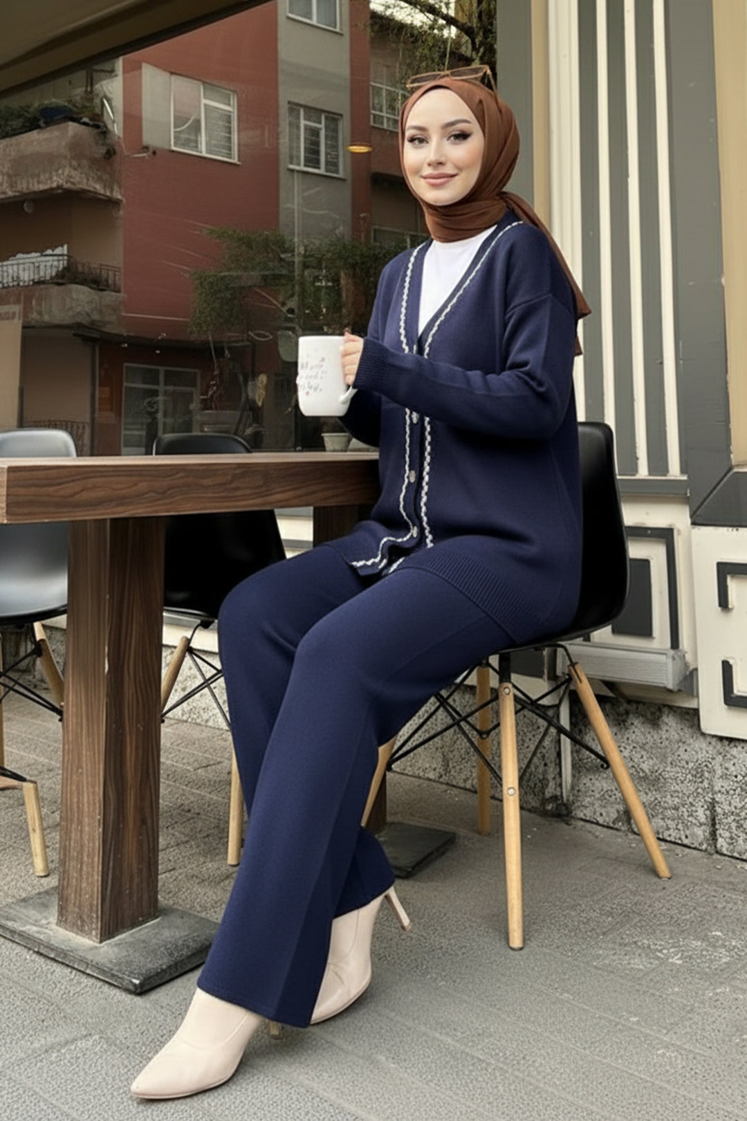 BNG Women Şerit Detaylı Triko Ceket Takım H25302 Lacivert - Gorinchem